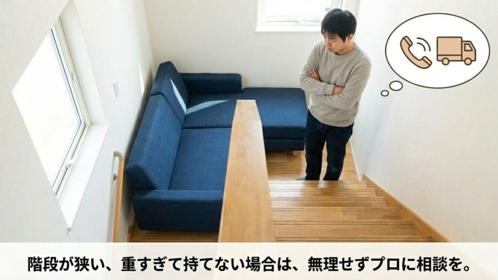 専門業者に依頼すべきケース。階段が狭い場合や、重量がありすぎて一人で持てない場合の判断基準