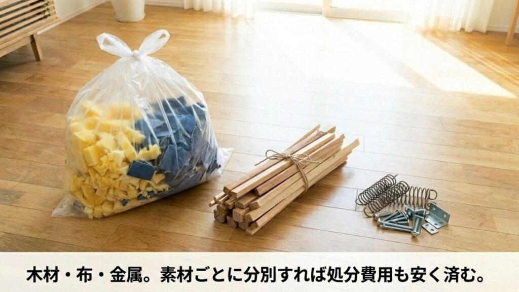 解体後のゴミ分別イメージ。木材、布、金属などの素材ごとに分けることで処分費用を抑える方法
