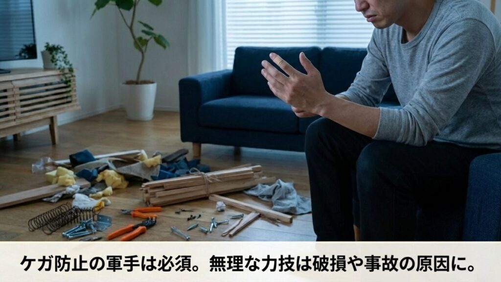 ソファ解体のよくある失敗。作業中のケガや、ゴミの分別忘れによる回収不可トラブルへの注意喚起