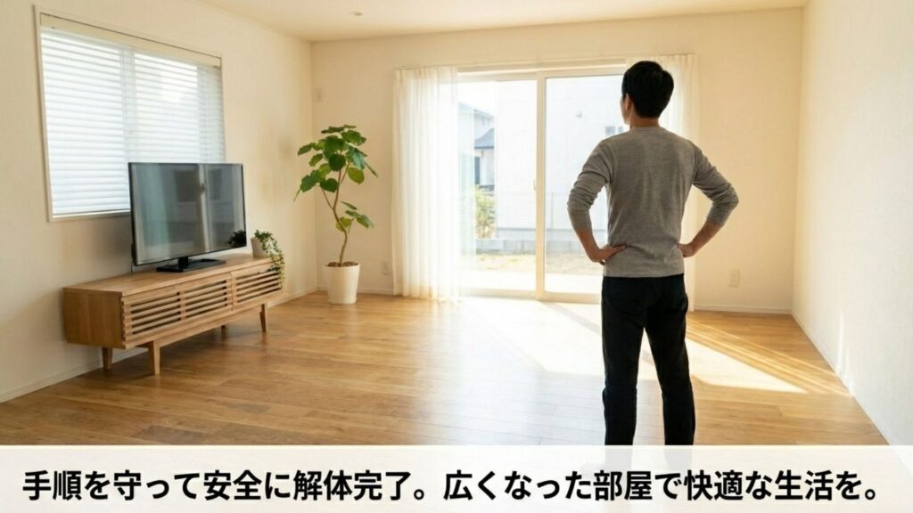 ソファ解体成功のためのまとめ。準備、手順、安全確認、後片付けのサイクルを示す完了イメージ