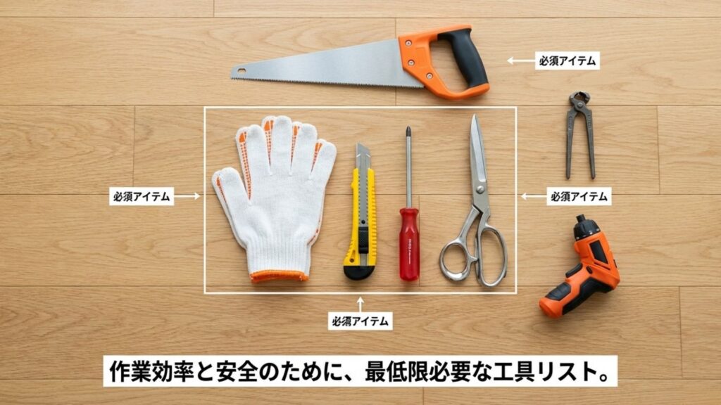 ソファ解体に必要な必須アイテムのリスト。作業効率と安全のための最低限の工具セット