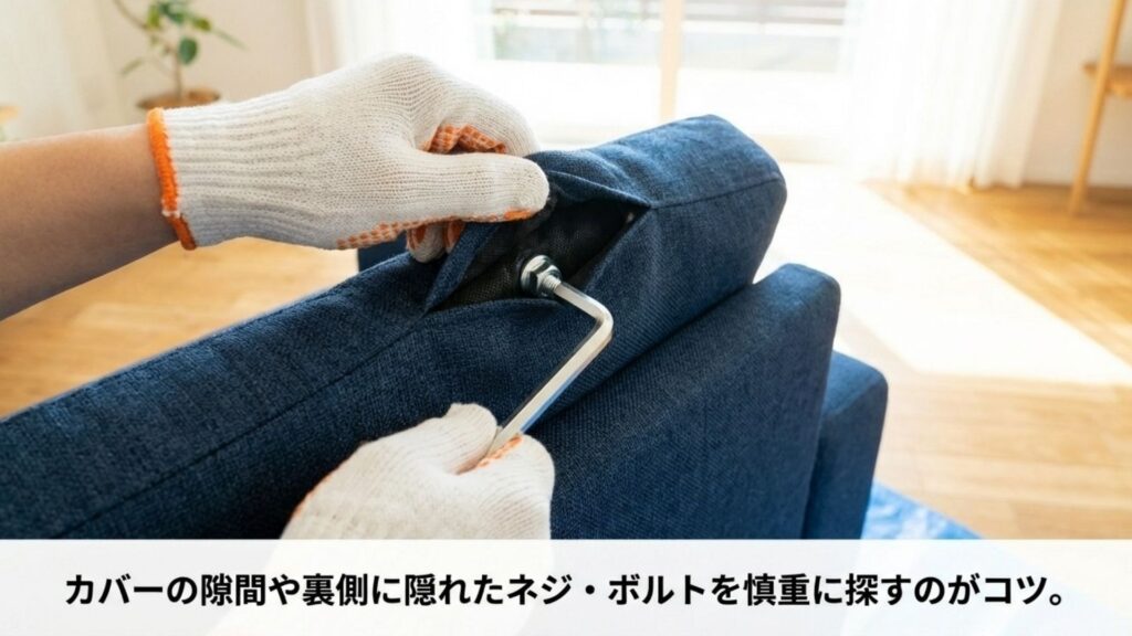 ニトリ製ソファの分解のコツ。カバーの隙間や裏側に隠れている隠しネジやボルトを探している様子