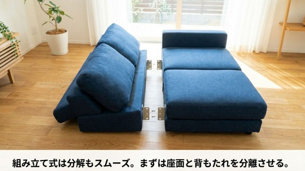 IKEAソファの分解方法。組み立て式の構造を利用し、座面と背もたれをスムーズに分離させている図解