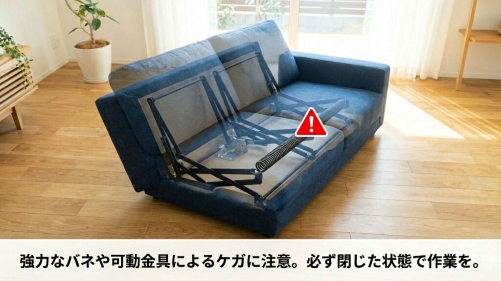 リクライニングソファ解体時の注意喚起。強力なバネや可動金具によるケガを防ぐため、閉じた状態で作業するマーク