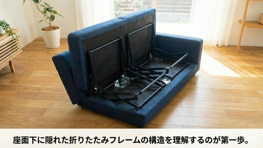 ソファベッドの解体ポイント。座面下に収納されている折りたたみフレームの構造を理解するための図解