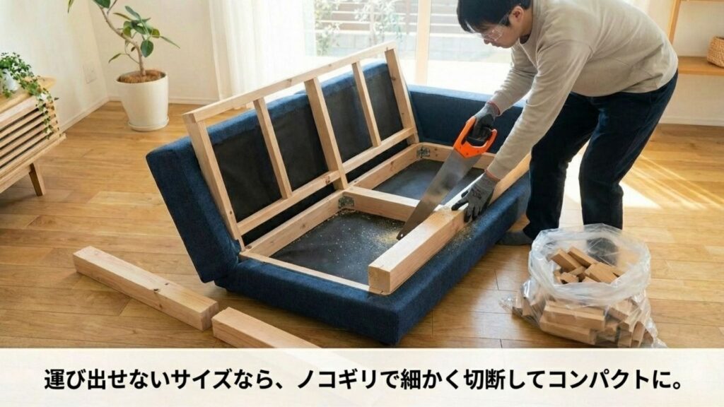 搬出できない大型ソファの対処法。ノコギリを使用してフレームを細かく切断し、コンパクトにしているイラスト