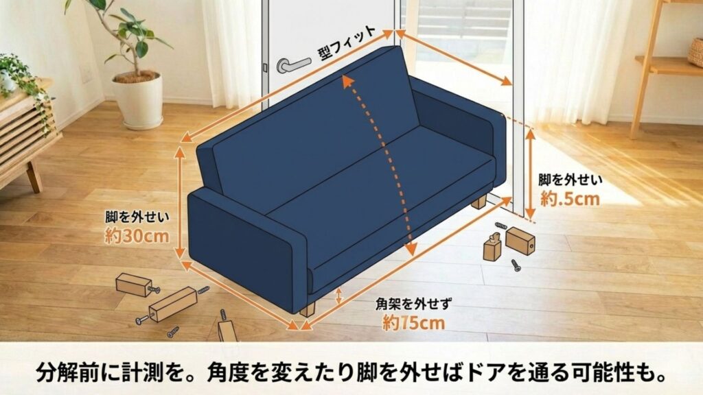 ソファ搬出前の計測ポイント。脚を外したり角度を変えることでドアを通過できるか確認している図(約30cm、約75cmなどの数値入り)