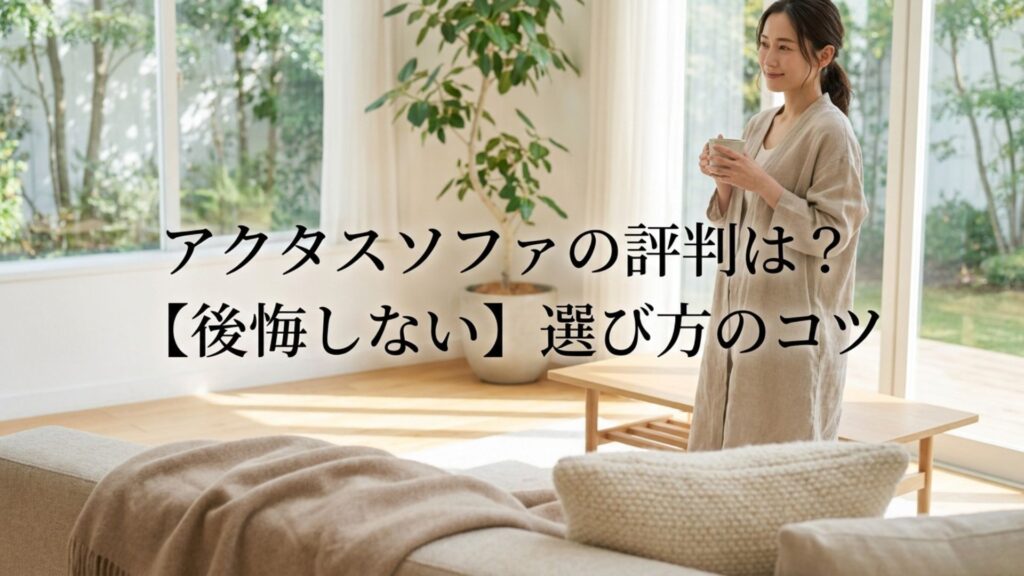 明るいリビングで飲み物を持つ女性と「アクタスソファの評判は?【後悔しない】選び方のコツ」の文字