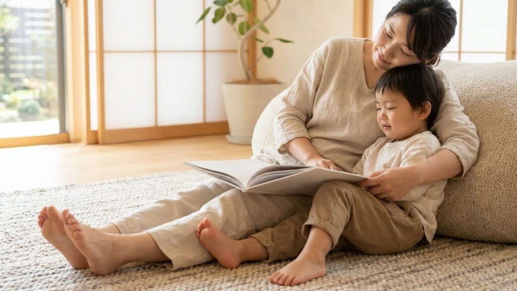 明るいリビングで女性と幼い子どもが一緒に本を読みながらくつろぐ様子
