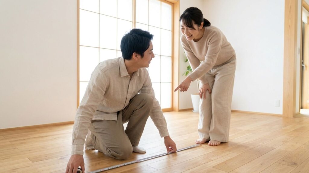 明るい室内で二人がメジャーを使って床の設置スペースを確認する様子