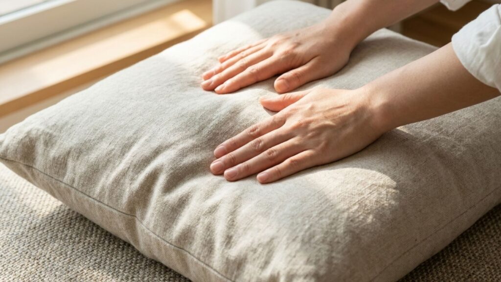 床に置いた布製クッションに両手を添えて状態を確認する様子