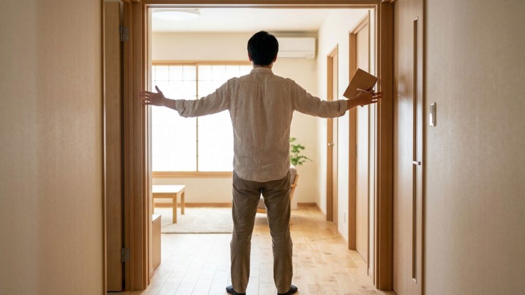 部屋の出入口で両腕を広げ、搬入経路の幅を確認する男性