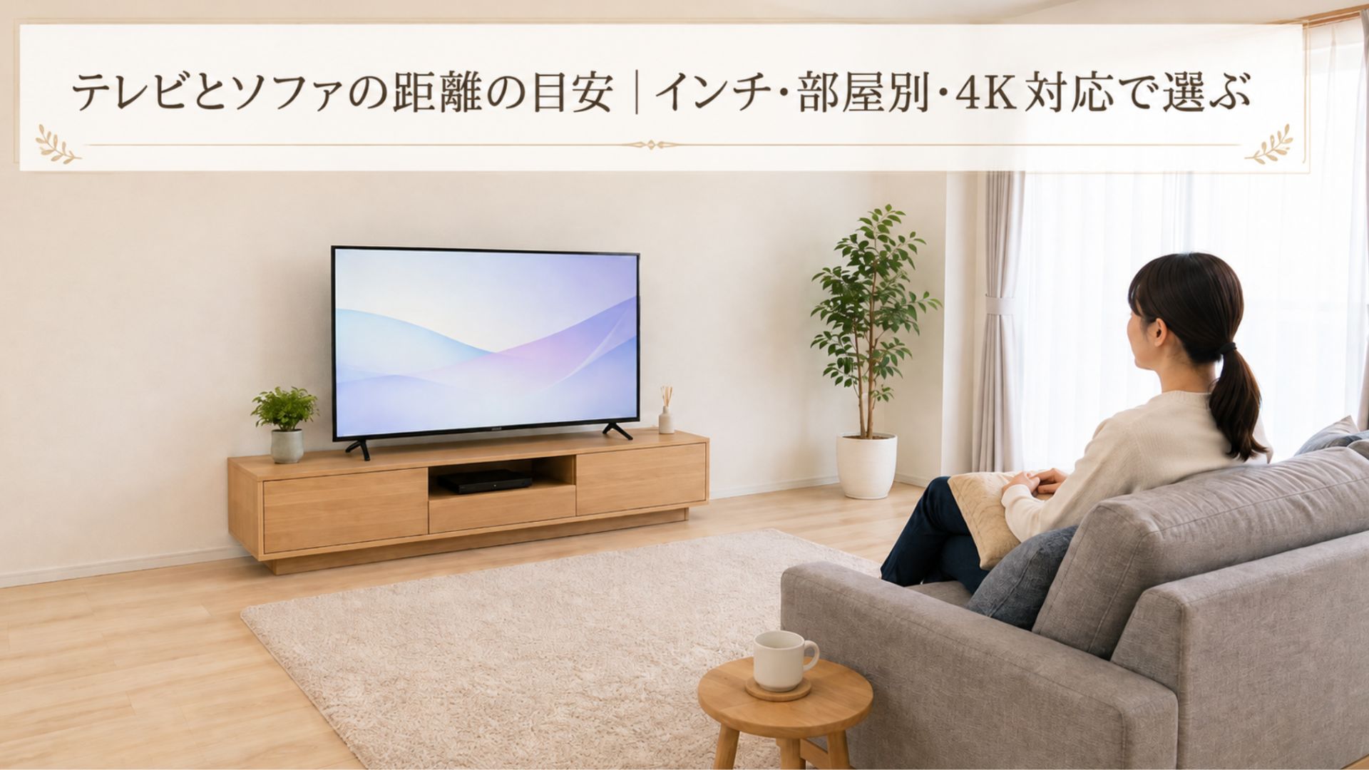 テレビとソファを向かい合わせて配置した明るいリビングで、女性がテレビを見ている様子