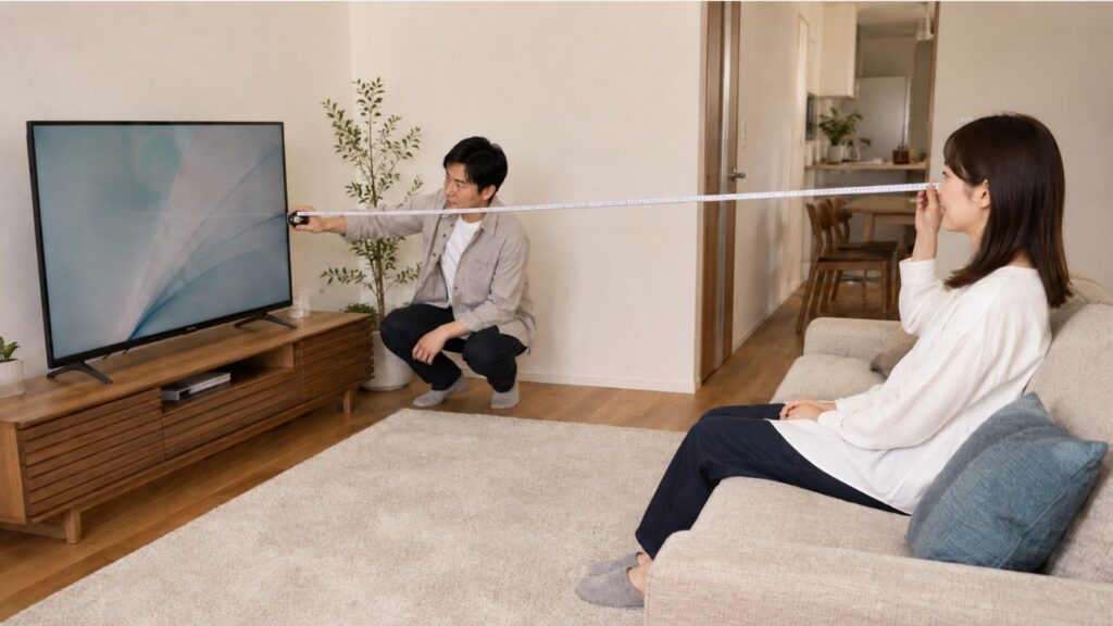 テレビ画面からソファに座る女性の目の位置まで、メジャーで視聴距離を測っている様子