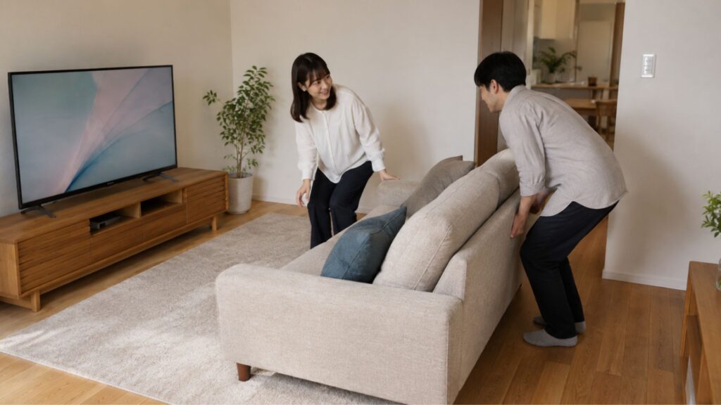 テレビとの距離を調整するため、二人でソファを少し後ろへ動かしている様子
