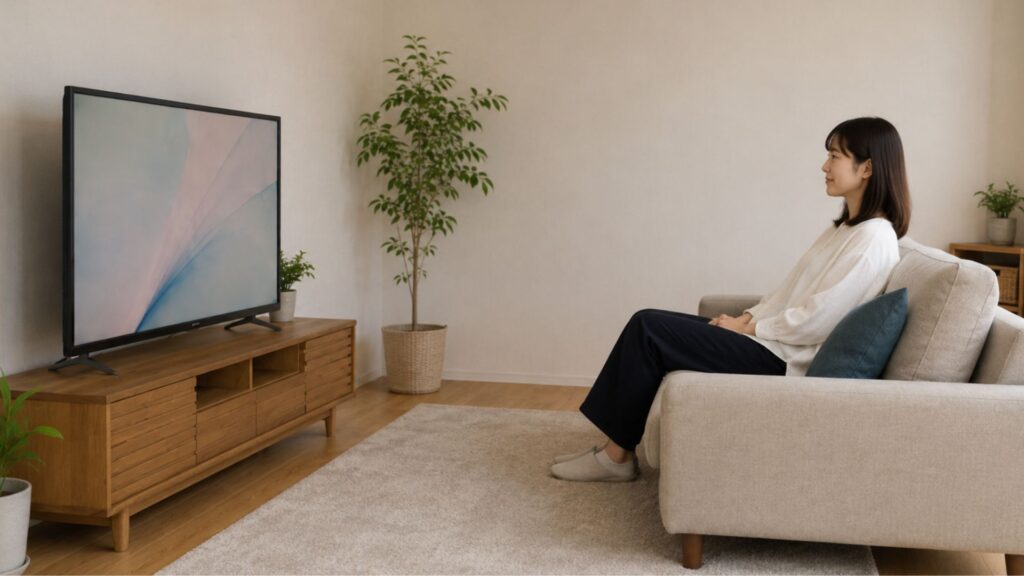 ソファに自然な姿勢で座った女性が、正面のテレビの高さを確認している様子