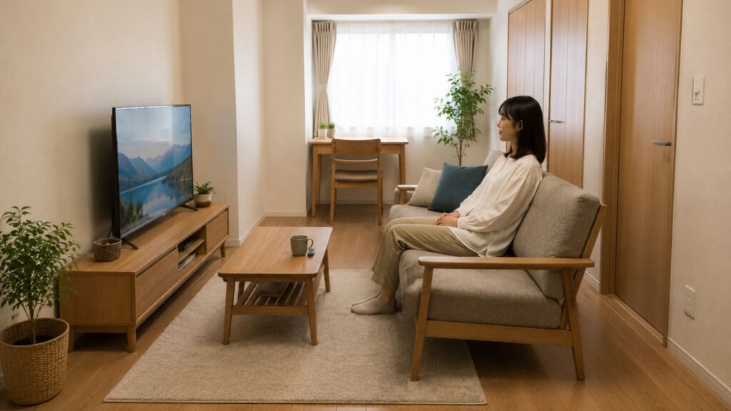 コンパクトなリビングで、テレビとソファの間隔と通路を確保して配置している様子