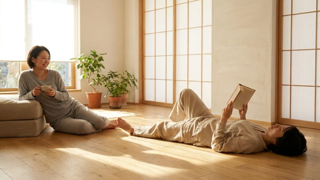 明るいリビングで低い座席のそばに座る人物と床に寝転んで読書する人物
