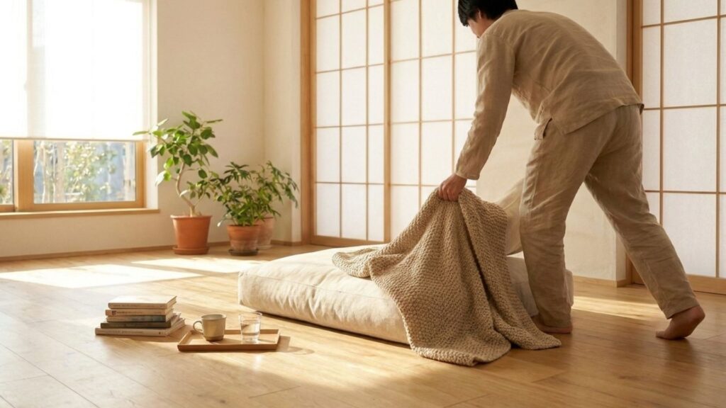 低いフロアクッションにブランケットを掛けて床まわりを整える人物