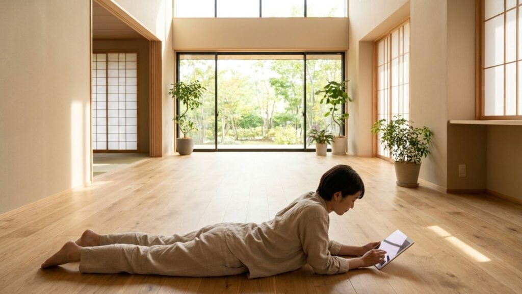 家具のない広いリビングで床に寝転びタブレットを確認する人物