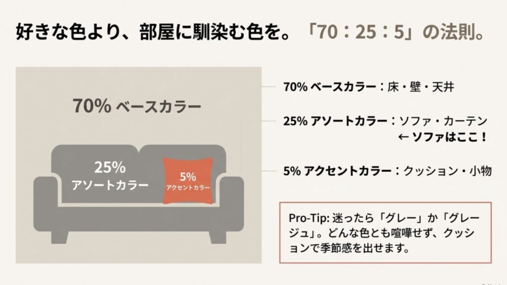 部屋をおしゃれに見せる配色の黄金比。ベースカラー70%、アソートカラー25%（ソファ）、アクセントカラー5%の割合図。