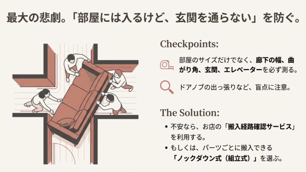 ソファ搬入時の注意点。廊下の曲がり角（クランク）やドアノブの出っ張りなど、搬入経路で確認すべきポイントのイラスト。