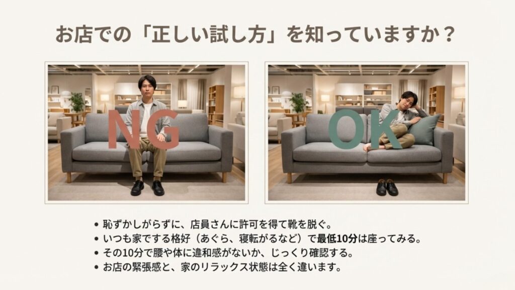 お店での正しいソファの試し方。靴を履いたまま緊張して座るNG例と、靴を脱いで家のようにリラックスして確認するOK例。