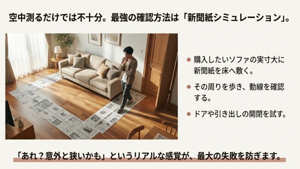 新聞紙を床に敷いてソファの実寸大を作り、部屋の広さや動線を確認するシミュレーションの方法。