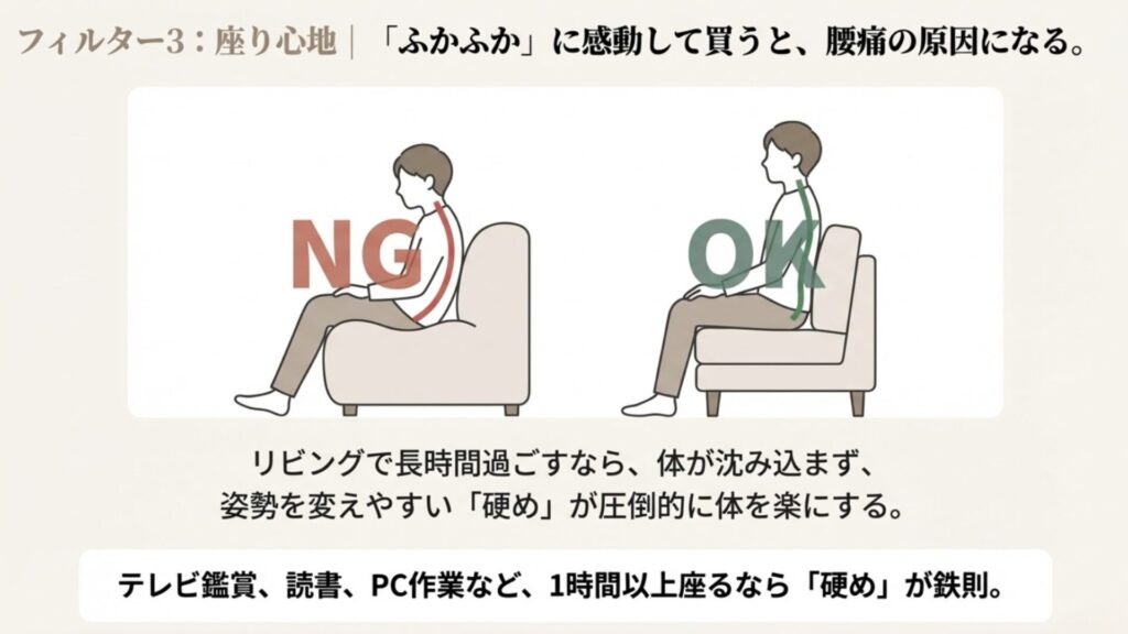 ソファの硬さによる姿勢の違い。柔らかすぎると腰に負担がかかるNG例と、硬めで骨盤が安定するOK例の比較図。