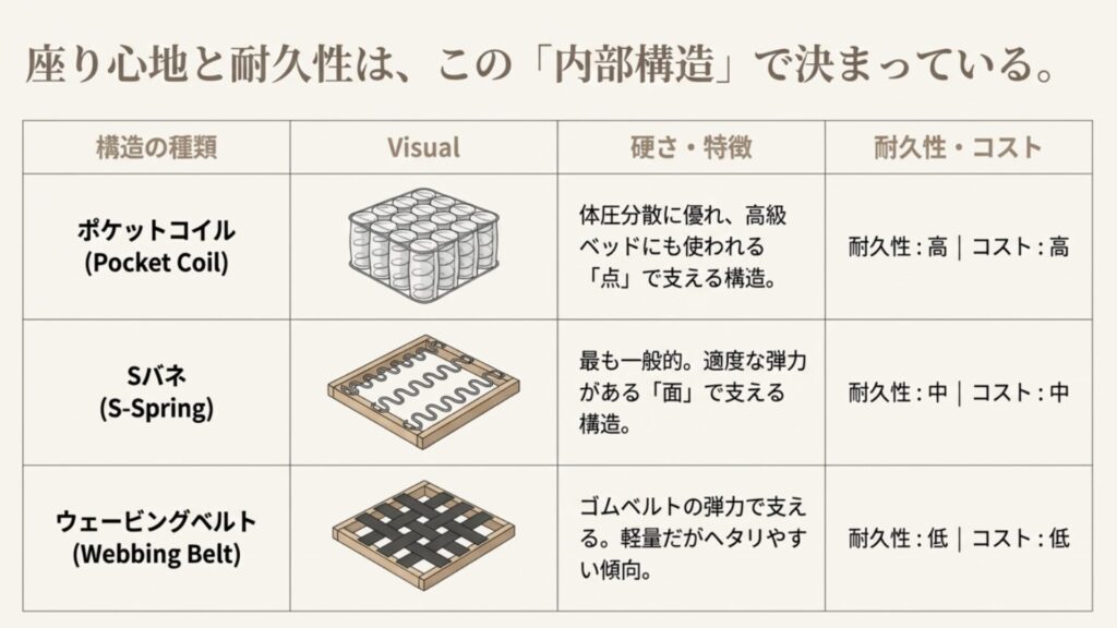 ソファの内部構造比較。ポケットコイル、Sバネ、ウェービングベルトそれぞれの特徴、耐久性、コストの違い。