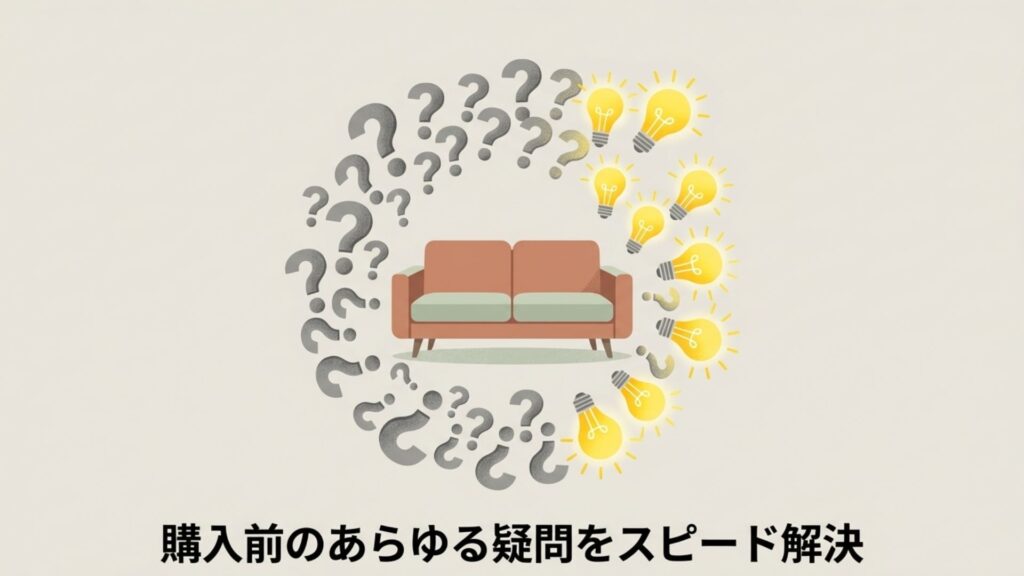 ソファを囲む疑問符（ハテナマーク）とひらめき電球のイラスト。購入前のあらゆる疑問をスピード解決