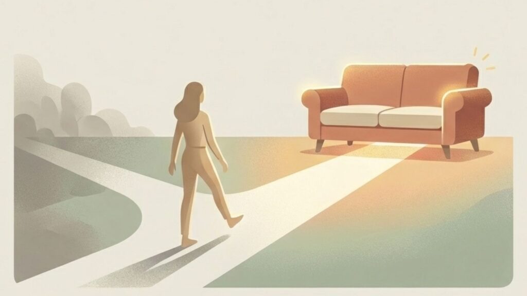 光が差すソファに向かって歩いていく女性のイラスト。あなたにとって最高の選択か