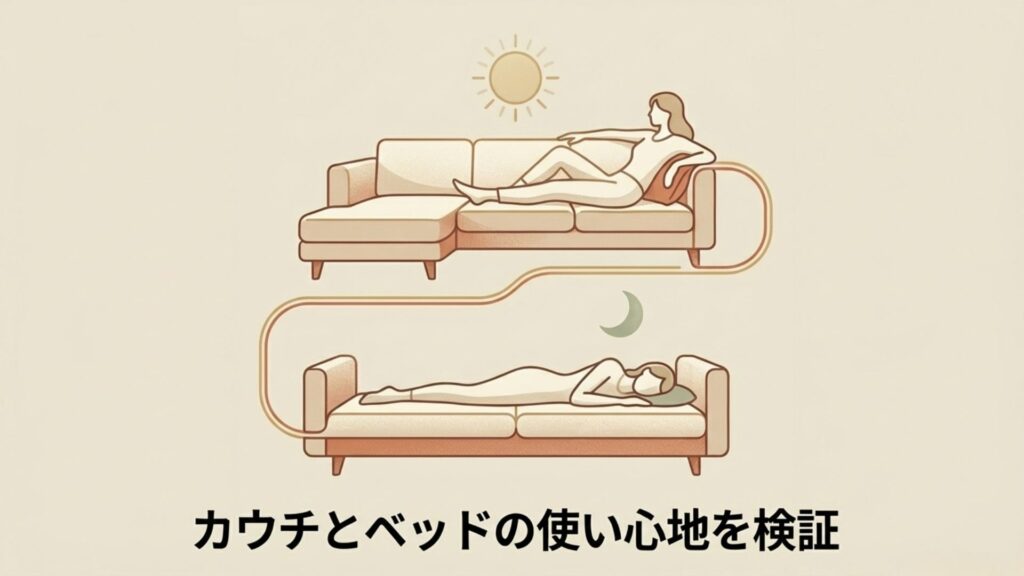 カウチソファとベッドそれぞれでくつろぐ様子のイラスト。カウチとベッドの使い心地を検証