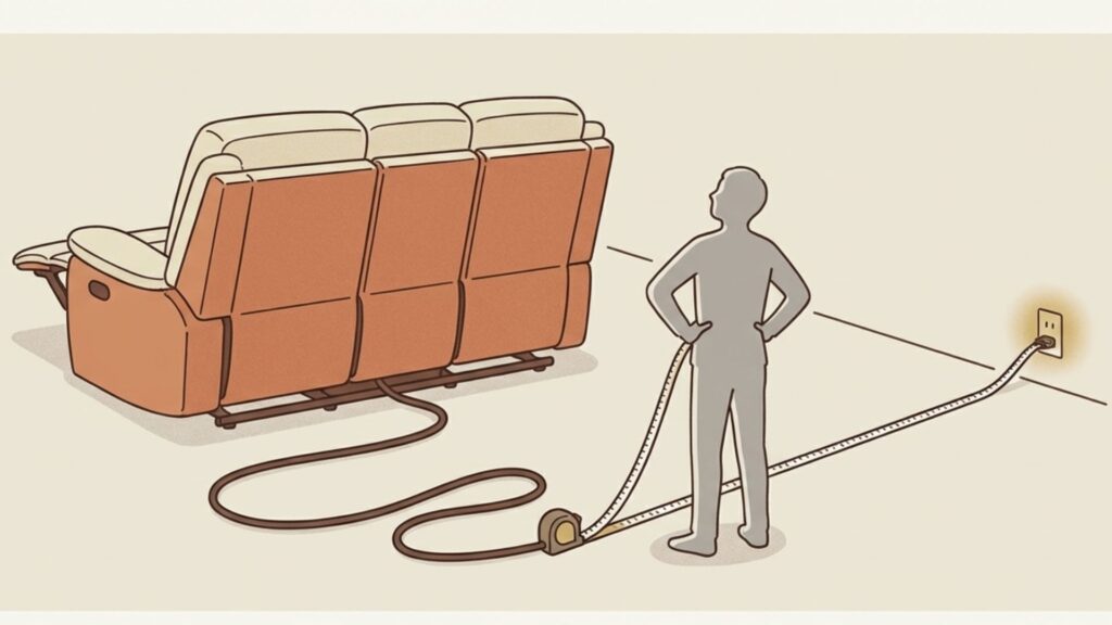 電動ソファのコンセントコードの長さをメジャーで測っているイラスト。電動ソファの落とし穴と注意点