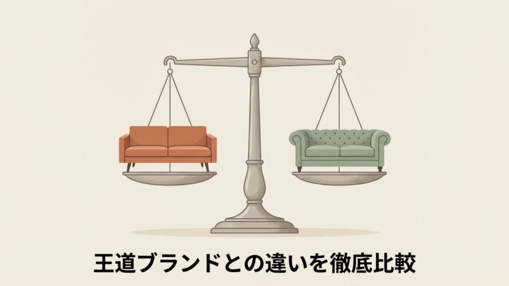 天秤に乗せられた2つの異なるソファのイラスト。王道ブランドとの違いを徹底比較