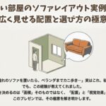 狭い部屋にソファを置くことを想像する男性と、配置による解決を示唆するイラスト