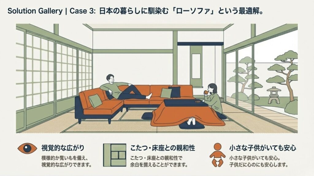 こたつや床座生活と相性が良く、視覚的な広がりを生むローソファのメリットを描いたイラスト