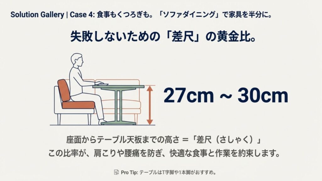 食事や作業がしやすい、ソファ座面からテーブル天板までの高さ（差尺）27cm〜30cmの解説図