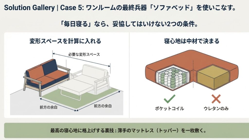 ソファベッドをベッドにする際に必要な前方の余白スペースと、寝心地を左右するポケットコイル構造の図