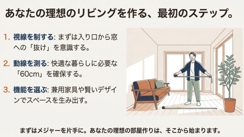 視線の抜け、動線の確保、機能的な家具選びの3ステップで理想の部屋作りを始めるためのまとめイラスト