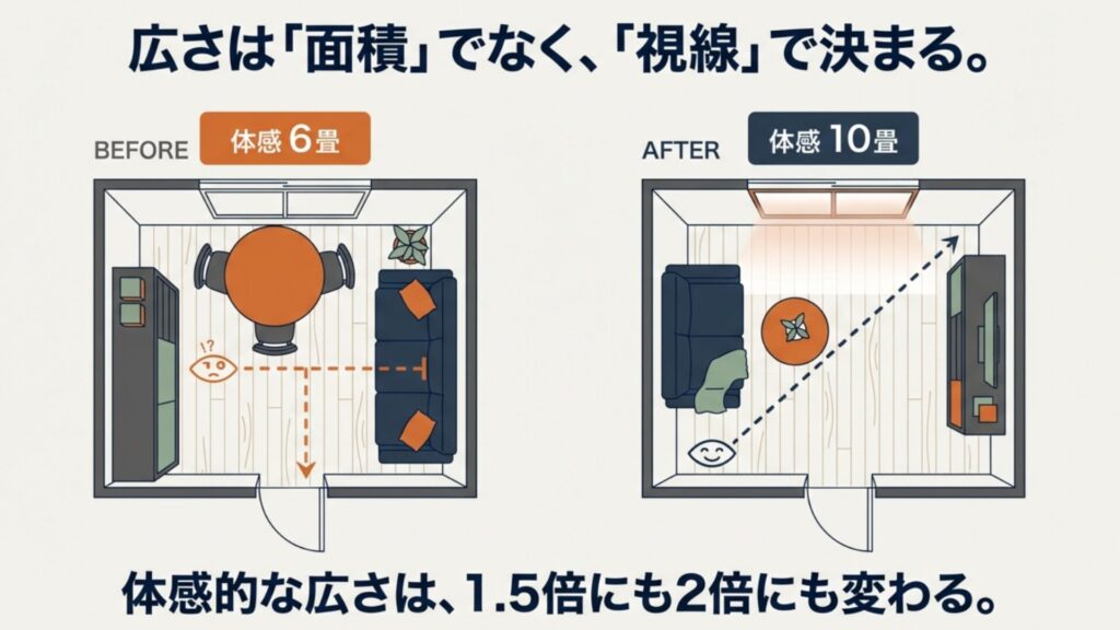 6畳の部屋でもソファの配置を変えるだけで体感10畳に広く見えるビフォーアフター比較図