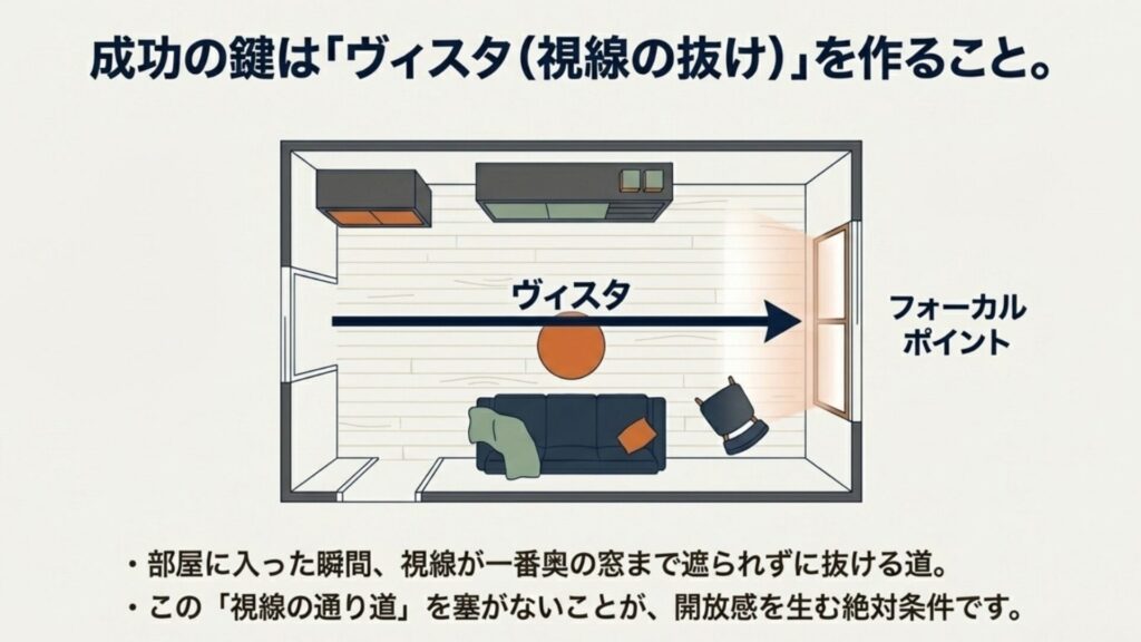 部屋の入り口から奥の窓まで視線を遮らない「ヴィスタ」ラインを通した家具配置の図解