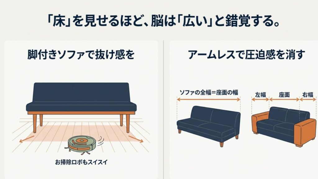 脚付きソファやアームレスソファを選び、床面を多く見せることで部屋を広く見せるテクニック図