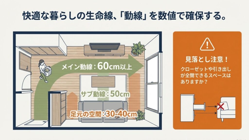 リビングのメイン動線60cm以上、サブ動線50cmなどを確保したレイアウトの平面図