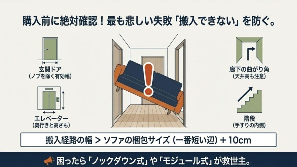 玄関ドアの有効幅、廊下の曲がり角、エレベーターなどソファ搬入時に計測すべきポイントのイラスト