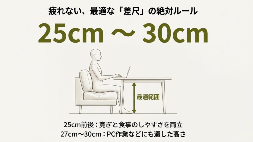 ソファダイニングにおいて、姿勢良く食事や作業ができる最適な差尺は25cmから30cmの範囲であることを示した図。