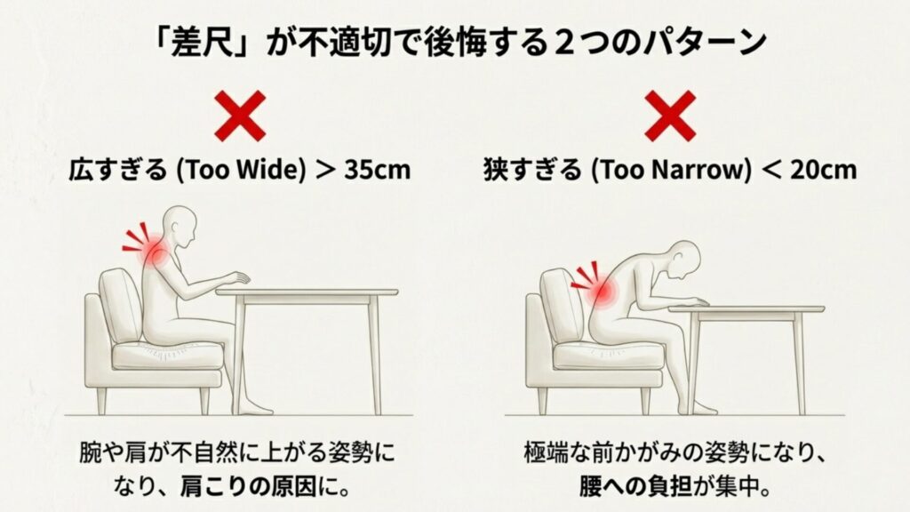 テーブルが高すぎると肩こりに、低すぎると前傾姿勢で腰痛になることを示した、悪い姿勢のイラスト。