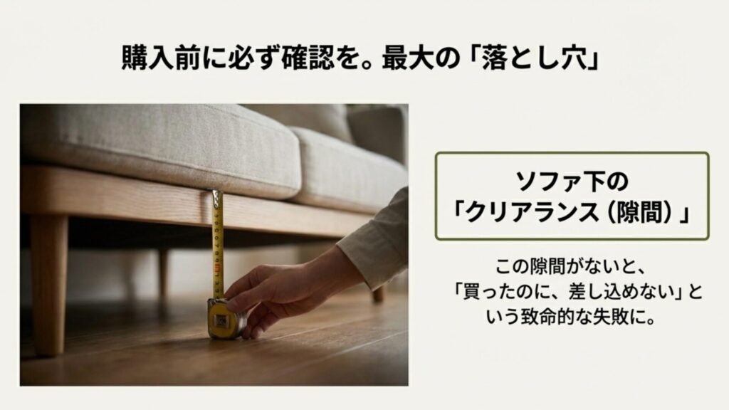 ソファの下にテーブルの脚が入るか確認するため、床からソファ底面までの隙間をメジャーで測っている様子。