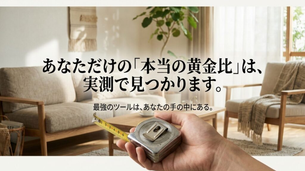 リビングは優先順位で決定、ダイニングは差尺25-30cm厳守、在宅ワークはクリアランス計測が必須という3点をまとめたスライド。