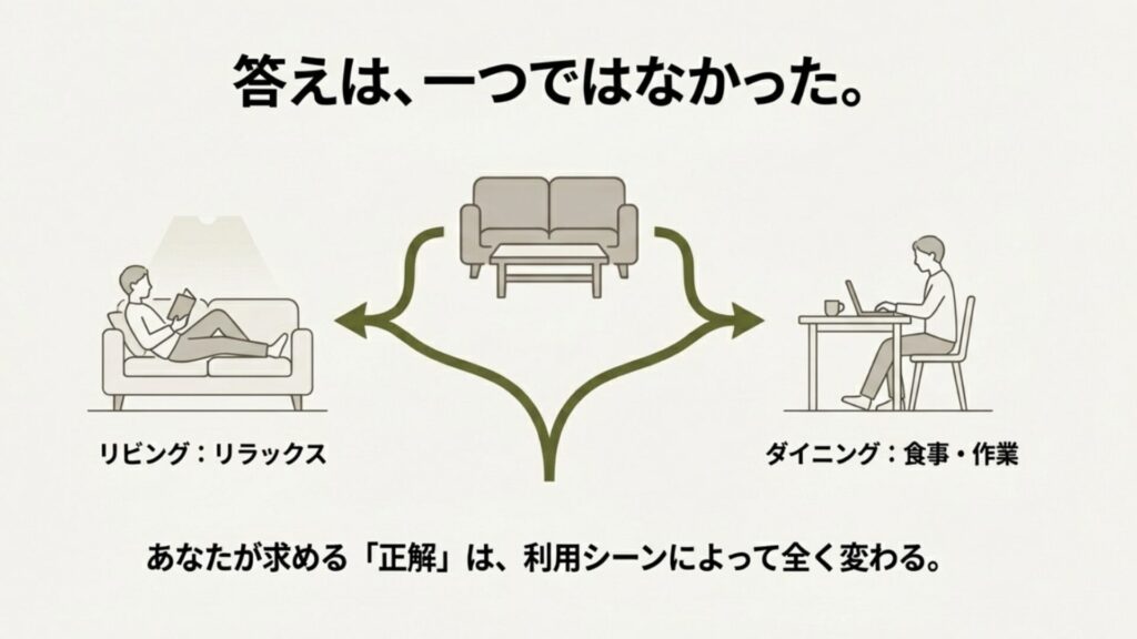 リビングでのリラックスシーンと、ダイニングでの食事・作業シーンで、適したテーブルの高さが異なることを示す分岐図。
